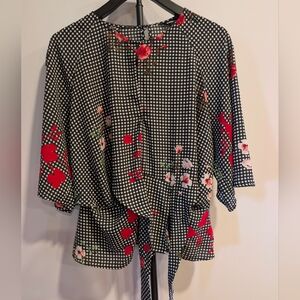 Express Black & White Gingham Floral Tie-Front Blouse - Size L